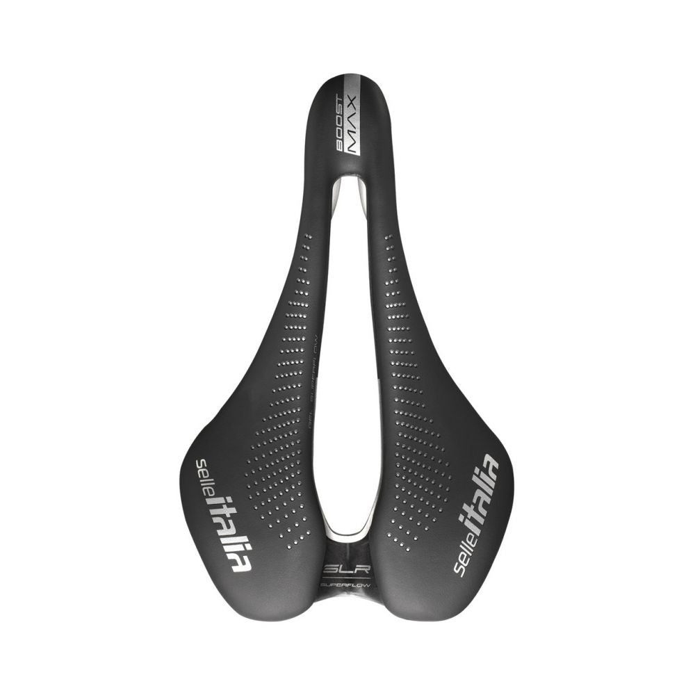 Selle Italia MAX SLR Boost Ti316 GEL Superflow L3 musta pyörän satula päältä kuvattuna