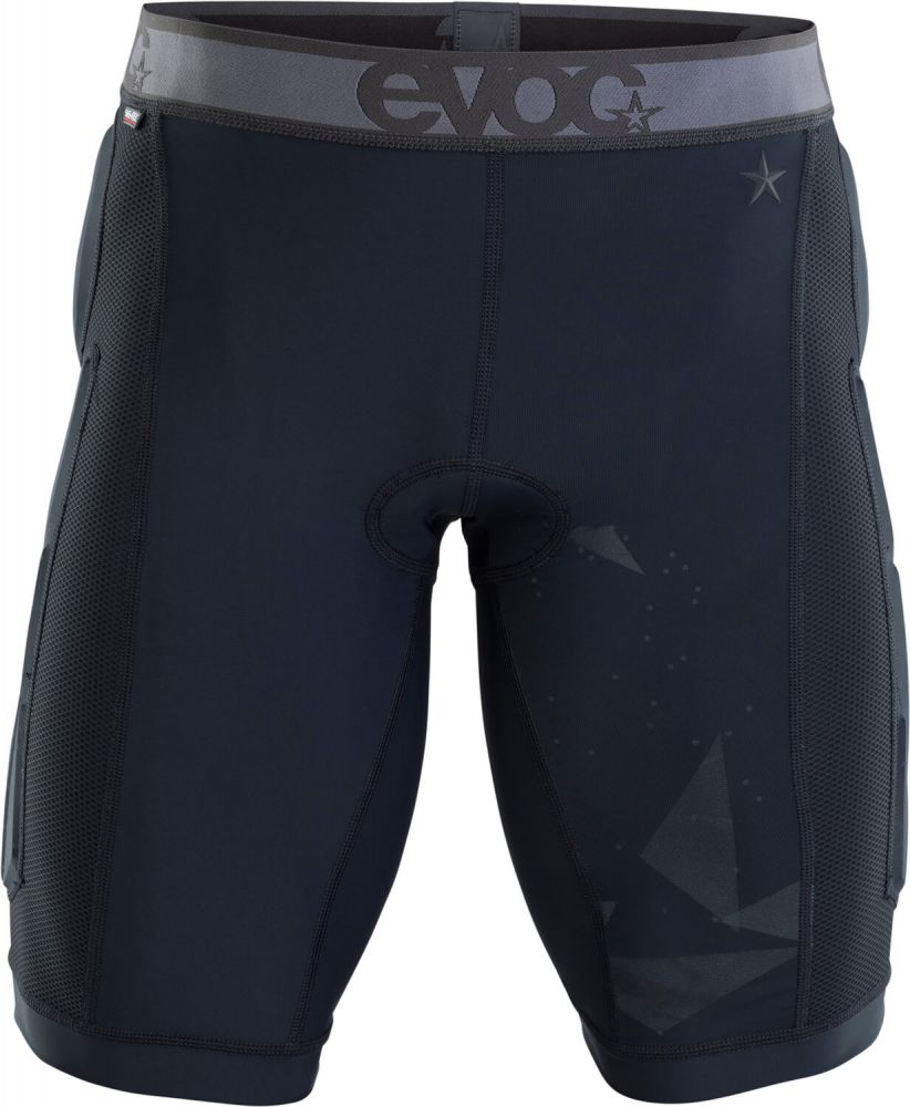 Evoc Crash Pants Bike Black 2024 - pyöräilyyn suunnitellut mustat suojahousut lonkkasuojilla ja istuinpehmusteella.