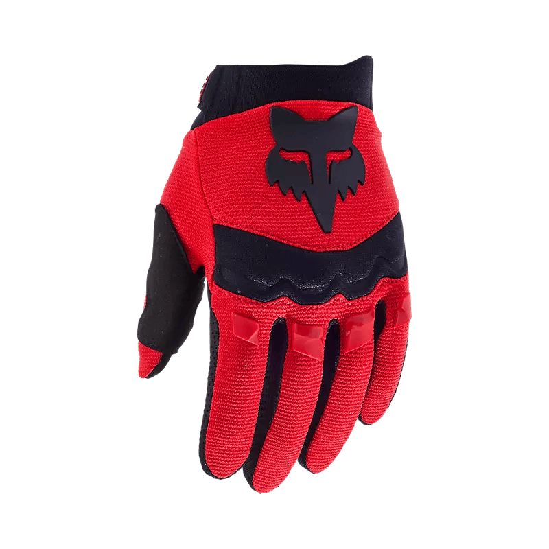 Fox Youth Dirtpaw Gloves – mustat lasten maastopyöräilyhanskat, joissa on TPR-suojat rystysissä ja silikoniprintti sormenpäissä.