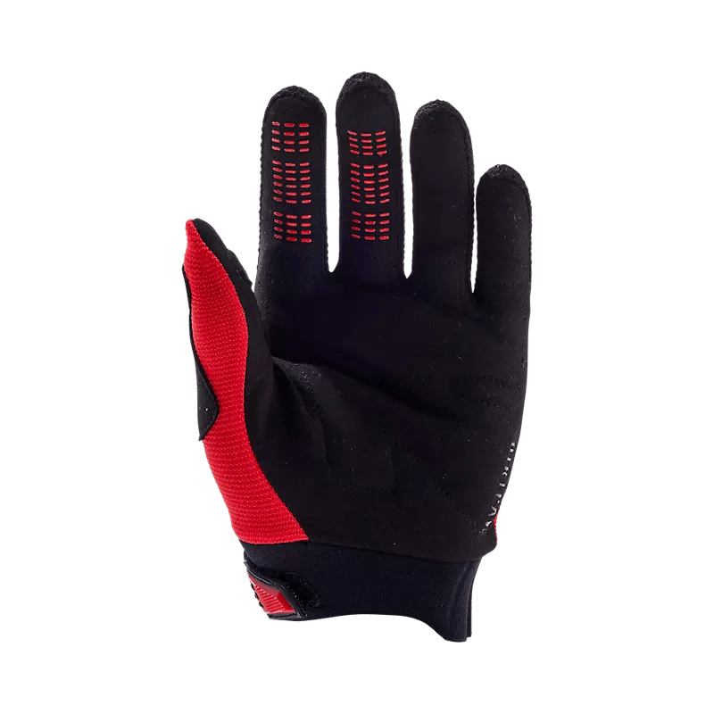 Fox Youth Dirtpaw Gloves – mustat lasten maastopyöräilyhanskat, joissa on TPR-suojat rystysissä ja silikoniprintti sormenpäissä.