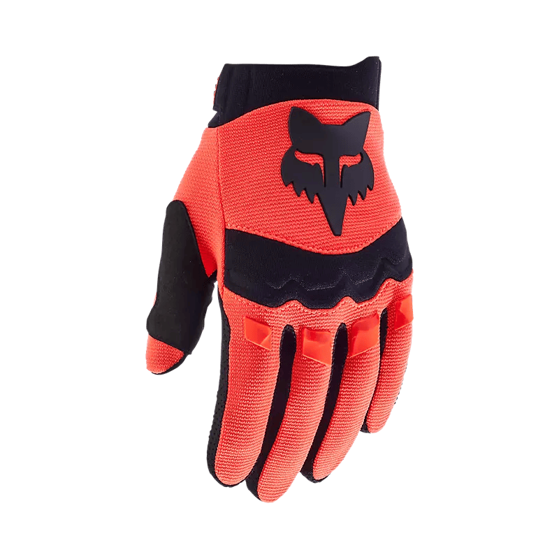 Fox Youth Dirtpaw Gloves – mustat lasten maastopyöräilyhanskat, joissa on TPR-suojat rystysissä ja silikoniprintti sormenpäissä.