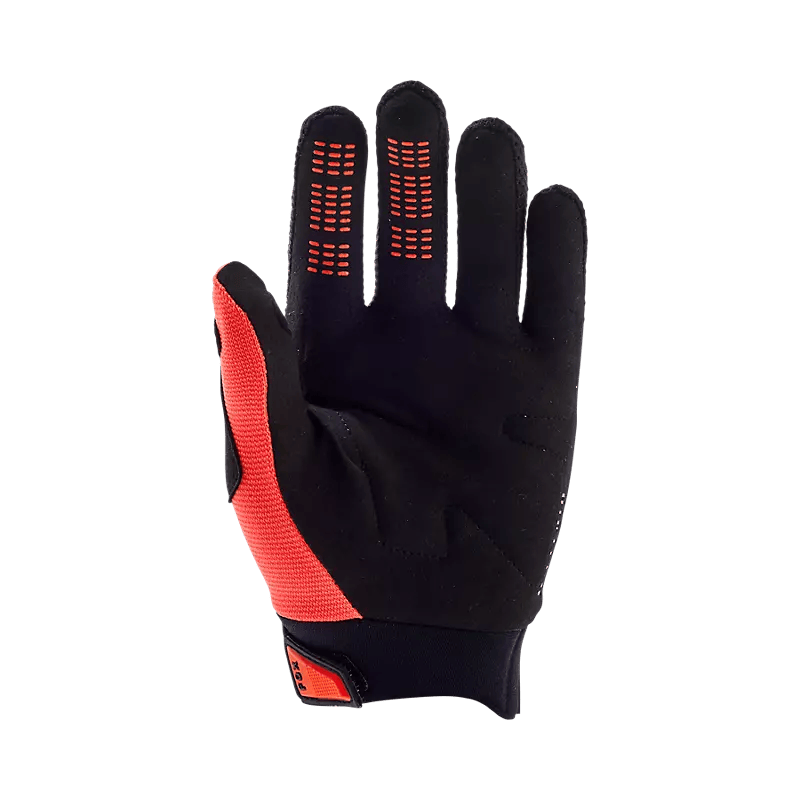 Fox Youth Dirtpaw Gloves – mustat lasten maastopyöräilyhanskat, joissa on TPR-suojat rystysissä ja silikoniprintti sormenpäissä.