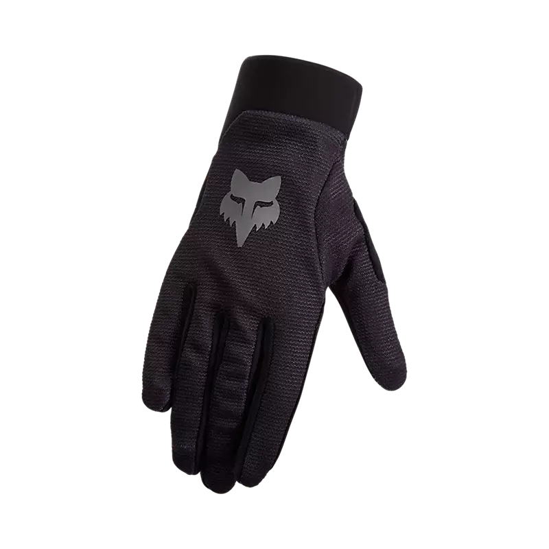 Fox Youth Ranger Gloves – mustat lasten maastopyöräilyhanskat, joissa on silikoniprintti sormenpäissä ja tarranauhakiinnitys ranteessa.