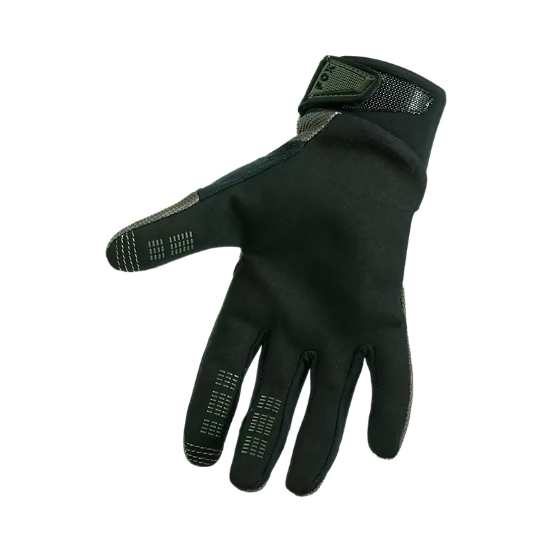 Fox Youth Ranger Gloves – vihreät lasten maastopyöräilyhanskat, joissa on silikoniprintti sormenpäissä ja tarranauhakiinnitys ranteessa.
