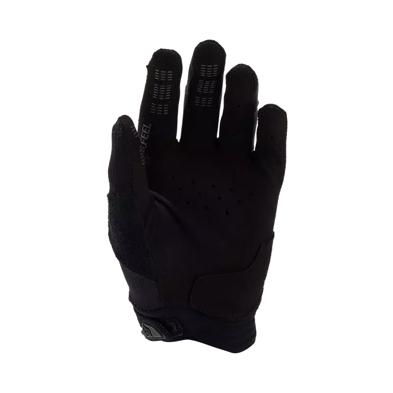 Fox Youth Defend Gloves – mustat lasten maastopyöräilyhanskat, joissa on TruFeel®-nystyrät sormenpäissä ja tarranauhakiinnitys ranteessa.​