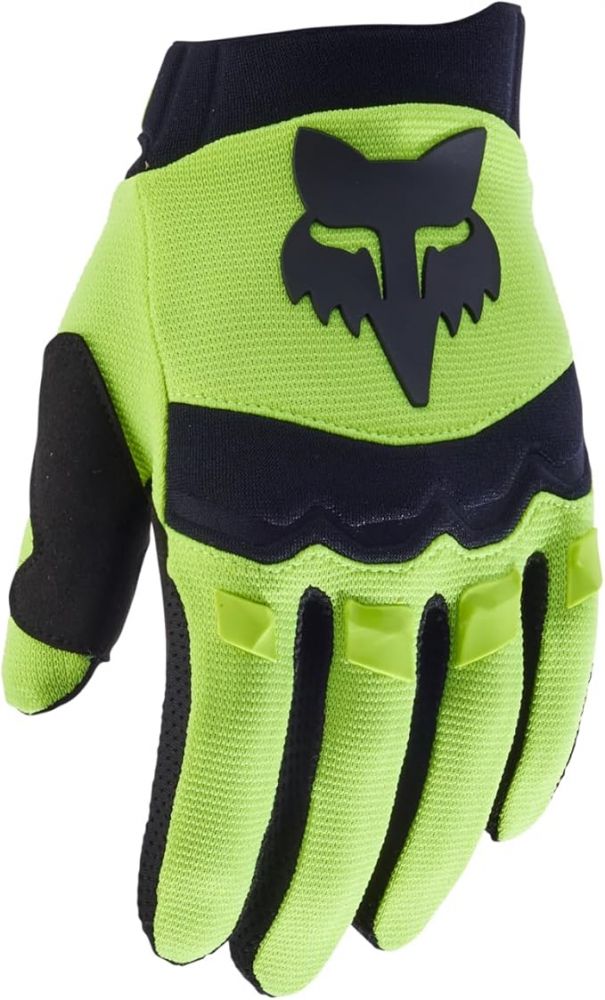 Fox Youth Dirtpaw Gloves – mustat lasten maastopyöräilyhanskat, joissa on TPR-suojat rystysissä ja silikoniprintti sormenpäissä.