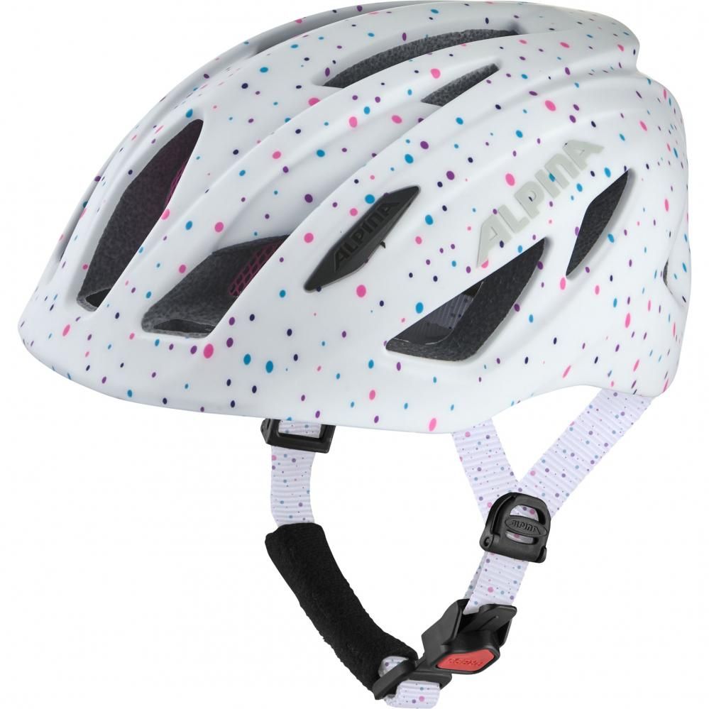 Alpina Pico Flash Children's Bicycle Helmet with Integrated Rear Light – White Polka Dots
