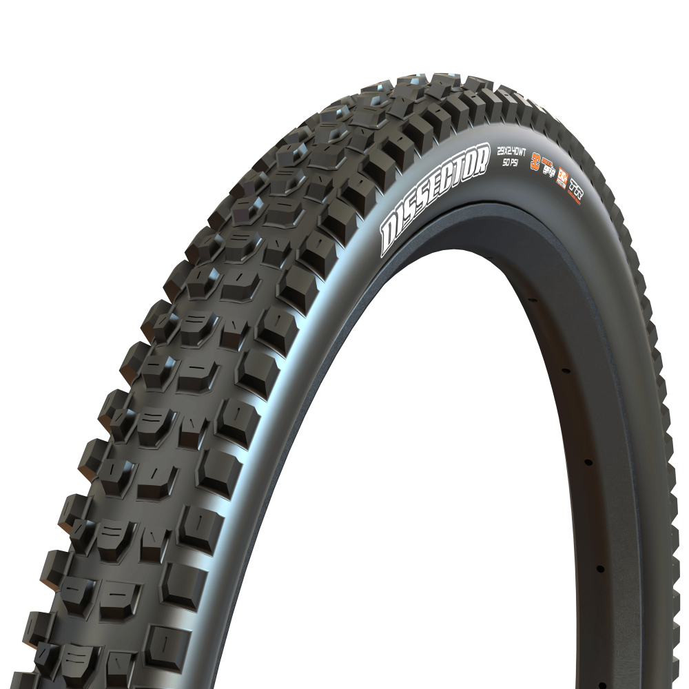 Maxxis Dissector 2025 trail/enduro-rengas; nopea 2-3-2-kuvio, jaetut keskinappulat, vahvistetut sivunappulat, tubeless ready, suositeltu vanteen sisäleveys 30–35 mm