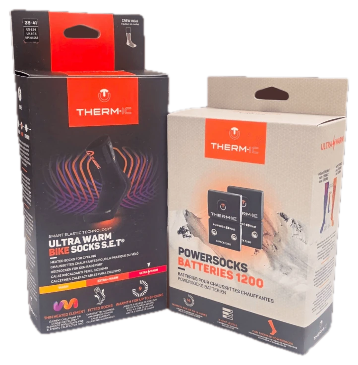 Therm-ic Ultra Warm Bike Socks S.E.T ja S-Pack 1200 akut paketti