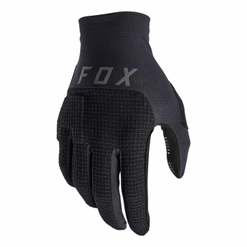 Fox Flexair Pro Gloves – mustat maastopyöräilyhanskat, joissa on D3O®-rystysuojaus ja Dyneema®-vahvistettu kämmenselkä.